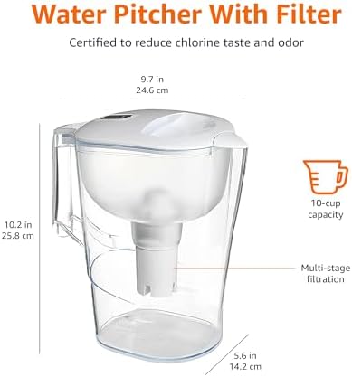 Amazon Basics 10-Cup Pitcher with Filter Compatible with Brita Water Filter Pitcher for Clean, Crisp Water, WQA and NSF Certified, Made in Europe
