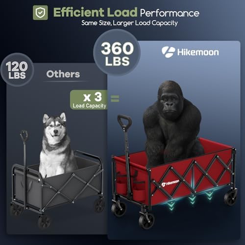 34'' Extra Long Collapsible Wagons Carts Foldable, 360LBS Heavy Duty Folding Beach Wagon with Wheels, Portable Utility Outdoor Cart for Grocery, Garden, Sports, Camping, Red