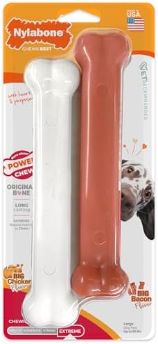 Nylabone Original Bone Power Chew Toy for Dogs, Durable Dog Toys for Aggressive Chewers, Basted Blast Chicken Flavor, Large - Up to 50 lbs, 2 Pack