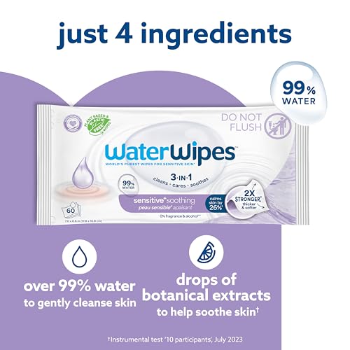 WaterWipes Sensitive+ Soothing Wipes, 3-In-1 Cleans, Cares, Soothes, 99% Water with Botanical Extract, Unscented & Hypoallergenic Baby Wipes, 360 Count (6 Packs)