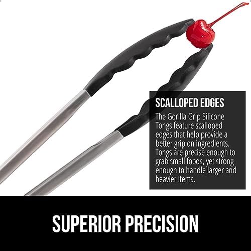 GORILLA GRIP Stainless Steel Heat Resistant Kitchen Tongs for Cooking, 7 + 12 Inch Set of 2 BBQ Tong, Non Scratch Silicone Tip for Pan, Strong Grip, Grab Food, Toss Salad, Air Fryer, Pull Lock, Black