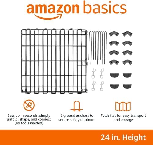 Amazon Basics Foldable Octagonal Metal Exercise Dog Playpen - Indoor/Outdoor, No Door, Extra Small (8 Panels, 24 x 24), Easy to assemble, store, and customize, 24" - Puppy, Black