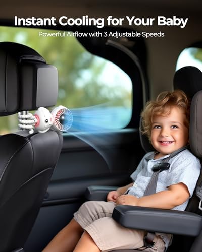 Koonie Astronaut Portable Stroller Fan, Baby-Safe Clip-on with Detachable Flexible Tripod, 3-Speeds, 270° Rotation, Rechargeable Battery-Operated, Handheld Gear for Car Seats, Cribs, Treadmills,Travel