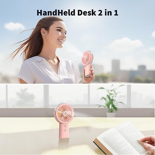 Otlonpe Handheld Misting Fan Portable, 4000mAh Rechargeable Small Personal Water Spray Hand Held Mist Fan Battery Operated, 90° Rotatable, Power Bank for Travel Home Office Men Women Kids (Pink)