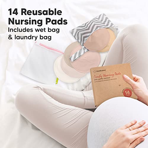 Organic Nursing Pads - 14 Washable Viscose Derived from Bamboo Breastfeeding Pads, Wash Bag, Reusable Breast Pads for Breastfeeding, Nipple Pads for Breastfeeding Essentials(Neutrals, L 4.8")