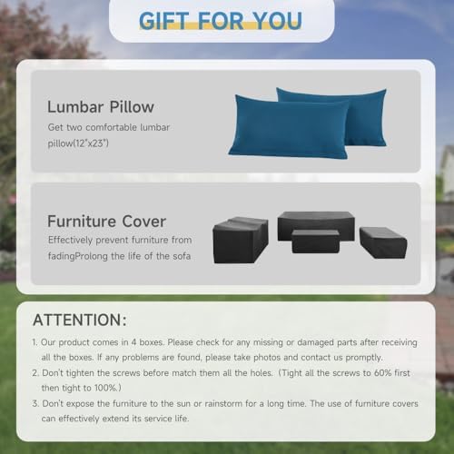 6 Pieces Outdoor Patio Furniture Sets with Furniture Cover, PE Rattan Wicker Patio Conversation Set with Tea Table (Peacock Blue, Rattan Storage Table)