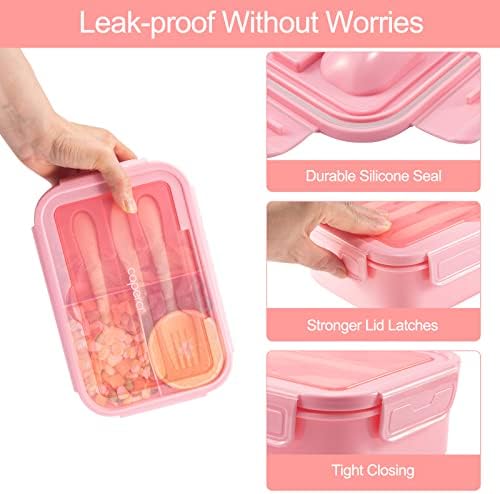 Caperci Classic Bento Box Adult Lunch Box for Older Kids - Leakpoof 47 oz 3-Compartment Lunch Containers for Adults and Teens, Built-in Utensil Set, Ideal for On-the-Go Balanced Eating, Pink