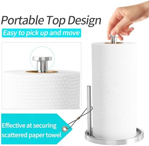 Paper Towel Holder Countertop, Standing Paper Roll Holder with Anti Slip Weighted Base, Stainless Steel Freestanding Paper Towel Holder for Kitchen, Silver