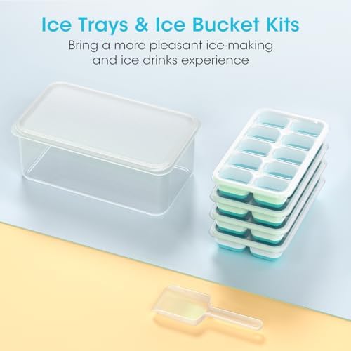 DOQAUS Ice Cube Tray with Lid and Bin, 4 Pack Silicone Plastic Ice Cubes Trays for Freezer with Box/Container, Stackable with Storage Iced Bucket Kits, Scoop, for RV, Soup, Food, Cocktail, Coffee
