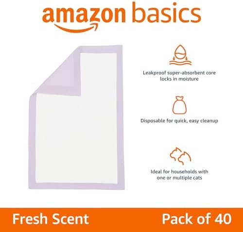 Amazon Basics Cat Litters Pee Pads, 40 Count, Universal Fit for Litter Box, Odor Control with Fresh Scent, Purple and White