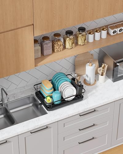 Dish Drying Rack - Stainless Steel Dish Rack with Drainboard for Kitchen Counter and Sink, 15.6" D x 12" W x 5" H, Black