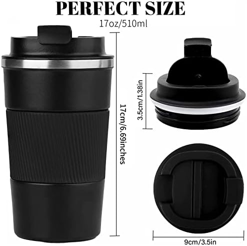 YINBAOGE Insulated Travel Coffee Mug Spill Proof Leak Proof Pobtable To Go Camping Stainless Steel Coffee Tumbler Reusable Coffee Cups with Lids Thermos for Hot and Cold Drink (Black, 17 OZ)