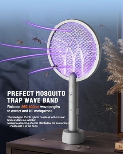 Electric Fly Swatter Racket, Mosiller 2 in 1 Smart Bug Zapper & Power Take Off Generators with USB Rechargeable Base, Powerful Mosquitoes Trap Lamp & Fly Killer for Home, Bedroom (Light GreyοΌ1 PackοΌ)