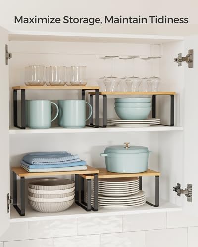 SONGMICS Cabinet Organizer Shelf, Set of 2 Kitchen Counter Shelves, Kitchen Storage, Spice Rack, Stackable, Expandable, Metal and Engineered Wood, Ink Black and Natural Beige UKCS02NB
