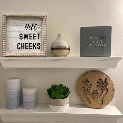 Boho Farmhouse Wooden Framed Bathroom Decor Signs, Funny Restroom Decorative Plaque Small Cute, Toilet Rules Shelf Decoration (Hello Sweet Cheeks)