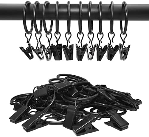 40 Pack Curtain Rings with Clips, Drapery Clips with Rings, Drapes Rings 1.26 in Interior Diameter, Fits up to 1 in Curtain Rod, Black