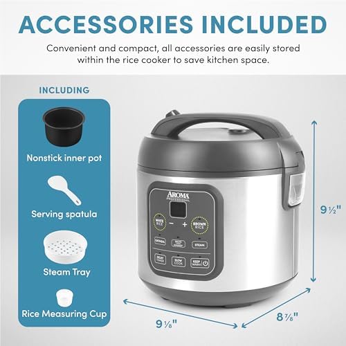 AROMA Professional Digital Rice Cooker, Multicooker, 4-Cup (Uncooked) / 8-Cup (Cooked), Steamer, Slow Cooker, Grain Cooker, 2Qt, Stainless Steel Exterior, ARC-994SG