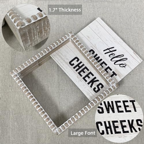 Boho Farmhouse Wooden Framed Bathroom Decor Signs, Funny Restroom Decorative Plaque Small Cute, Toilet Rules Shelf Decoration (Hello Sweet Cheeks)