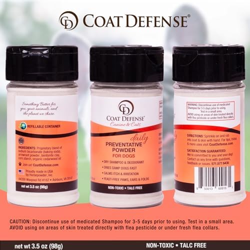 COAT DEFENSE Preventative Powder | Made in USA | 3.5oz Waterless Dog Shampoo & Pet Deodorizer for Smelly Dogs | Provides Anti Itch Relief | Dog Shampoo for Dry Itchy Skin & Smelly Dogs