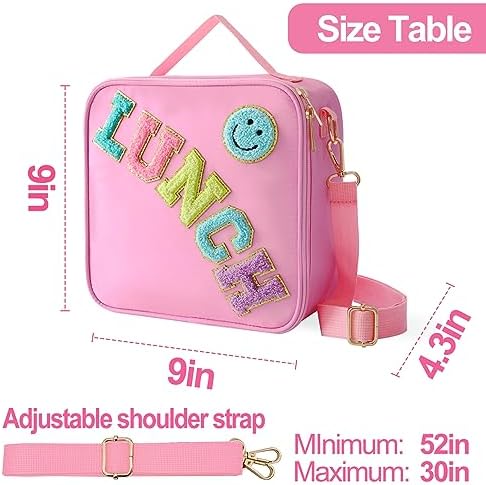 Insulated Lunch Bag With Adjustable Shoulder Strap, Nylon Preppy Lunch Box Large Insulated Lunch Bag Reusable Lunch Tote Bag with Smiley Preppy LunchBag for Girls School Travel Picnic (Pink)