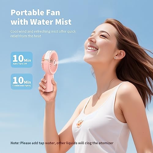 Otlonpe Handheld Misting Fan Portable, 4000mAh Rechargeable Small Personal Water Spray Hand Held Mist Fan Battery Operated, 90° Rotatable, Power Bank for Travel Home Office Men Women Kids (Pink)
