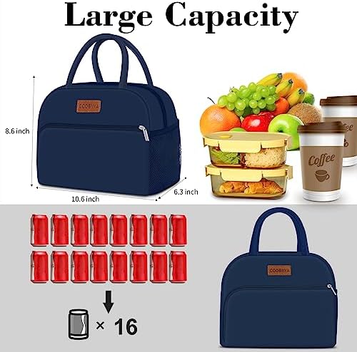 Coobiiya Lunch Bag for Men and Women - Navy Blue, Aluminum, 10.8" x 6.3" x 8.85" - Spacious, Lightweight, and Durable