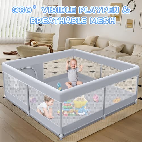 Baby Playpen 50 x 50 Inch Play Pen Playards, Playpen for Babies and Toddlers, Baby Playard for Indoor & Outdoor Active Center Game Fence, with Skin-Friendly Fabric and Soft Breathable Mesh Grey