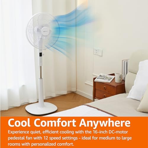 Amazon Basics 16" DC Motor Fan, 12 Speed Fan with Remote, Floor Fan, Standing Fan with 3 Breeze Modes, Dual-Layered Blades (10 Blades), Timer, Energy Efficiency and Quiet DC Motor (28W), White