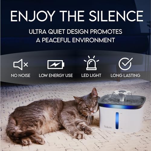 Veken Innovation Award Winner 95oz/2.8L Pet Fountain, Automatic Cat Water Fountain Dog Water Dispenser with Replacement Filters for Cats, Dogs, Multiple Pets (Grey, Plastic)