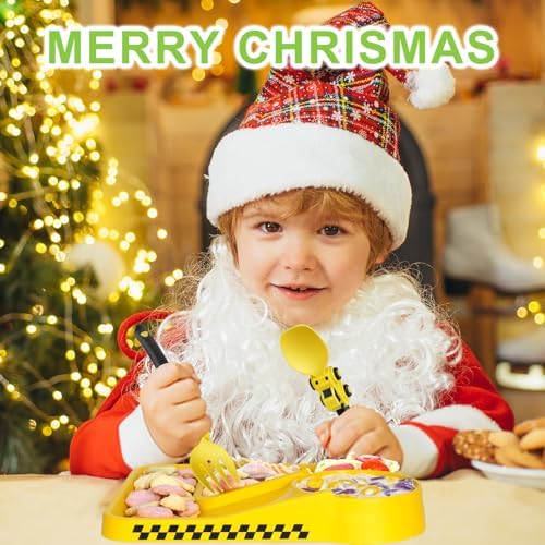 Construction Toddler Utensils - Toddler Forks and Spoons - Kids Construction Truck Toys - Forks and Spoons Silverware Set - Christmas Birthday Gift Kids Toys for 1 2 3 4 5 year old, Yellow