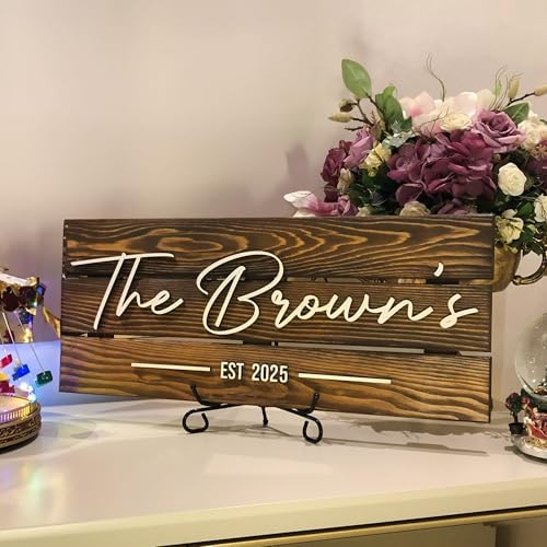 Wooden Name Sign Personalized and Custom, Solid Rustic Wood, Wedding Gifts for Couples, Home, Office, Family Last Name Established Signs, Est. Date Sign 23x10"