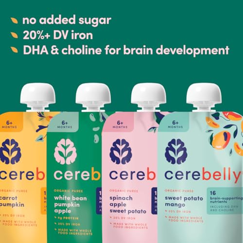 Cerebelly Organic Baby Food Pouches Variety Pack – Organic Veggie Purees for Toddlers | No Added Sugar, Fiber, Non-GMO | Blended Toddler Pouches | 4 Ounce BPA-Free Pouch | 4 Flavors | 8 Count
