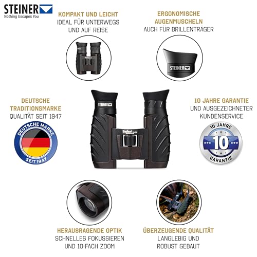 Steiner Safari UltraSharp 10 x 26 Binoculars, Compact, Large Magnification, Robust, Waterproof, Ideal for Travel, Hiking, Concerts, Sports and Nature Observation