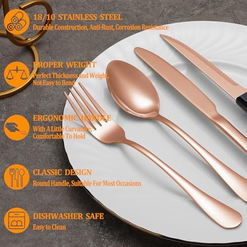 72 Pcs Rose Gold Silverware Set with Steak Knives Service for 12,Stainless Steel Flatware Set,Mirror Polished Cutlery Utensil Set, Kitchen Eating Tableware,Include Fork Knife Spoon Set,Dishwasher Safe