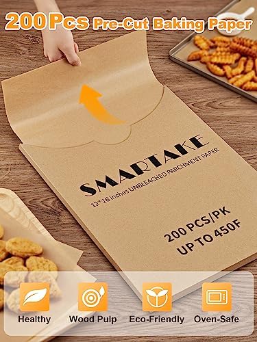 SMARTAKE 200 Pcs Parchment Paper Baking Sheets, 12x16 Inches Non-Stick Precut Baking Parchment, for Baking Grilling Air Fryer Steaming Bread Cup Cake Cookie and More (Unbleached)
