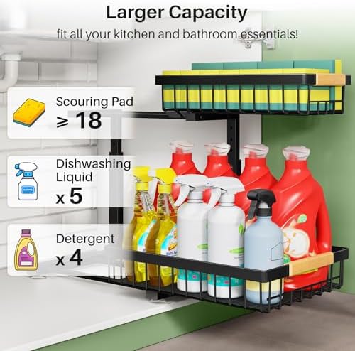 Under Sink Organizer, 2 Packs 2 Tier Under Sink Organizers and Storage, Slide Out Pull Out Cabinet Organizer Shelf, Metal Sliding Drawer for Kitchen Bathroom Pantry Cabinet Closet Organization Rack