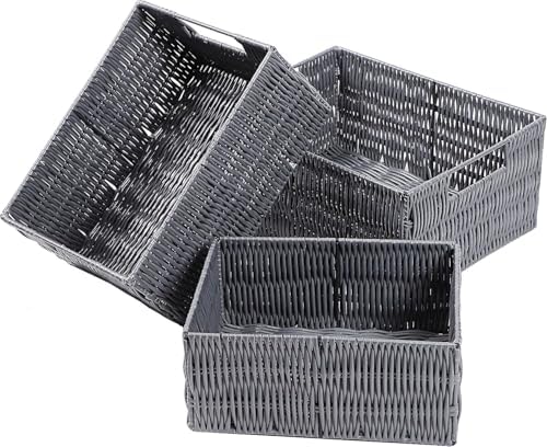 Plastic Wicker Basket Set of 3, Handmade Storage Basket for Organizing with Handles, Storage Bins for Home Kitchen Countertop, Shelf Organizer, Waterproof, Gray