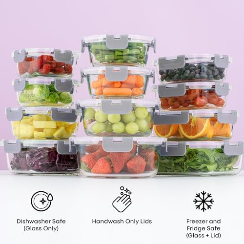 JoyJolt 24pc Borosilicate Glass Storage Containers with Lids | 12 Airtight/Freezer Safe Food Storage Containers for Pantry and Kitchen | Meal Prep Container for Lunch | Glass Tupperware Set