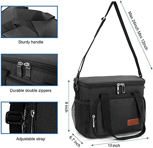 Femuar Reusable Lunch Box for Men/Women - Insulated Lunch Bag Leakproof Lunchbox for Work Office Picnic Beach - Freezable Lunch Cooler Bag with Adjustable Shoulder Strap - Black