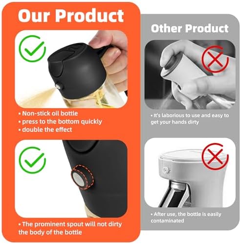 TrendPlain 16oz/470ml Glass Olive Oil Sprayer for Cooking – 2 in 1 Olive Oil Dispenser Bottle for Kitchen Gadgets and Air Fryer Accessories, Salad, BBQ - Black & Ash