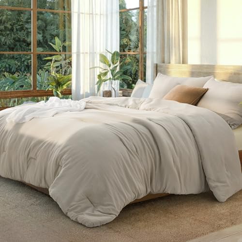 Bedsure Queen Size Comforter Set, Beige Soft Prewashed Bedding for All Seasons, 3 Pieces GentleSoft™ Warm Down Alternative Bed Set, 1 Lightweight Comforter (90"x90") and 2 Pillowcases (20"x26")