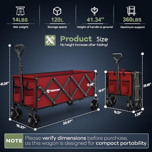 34'' Extra Long Collapsible Wagons Carts Foldable, 360LBS Heavy Duty Folding Beach Wagon with Wheels, Portable Utility Outdoor Cart for Grocery, Garden, Sports, Camping, Red
