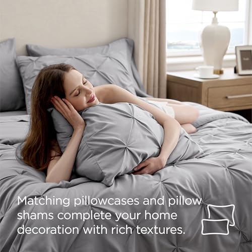 Bedsure Queen Comforter Set Grey - Bed in a Bag Queen Size 7 Pieces, GentleSoft™ Pintuck Bed Set Gift for Family, Pinch Pleat All Season Comforter with Sheets, Pillowcases & Shams