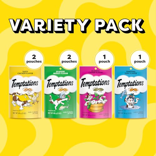 Temptations Classic Crunchy and Soft Cat Treats Feline Favorites Variety Pack, 3 oz. Pouches (Pack of 6)