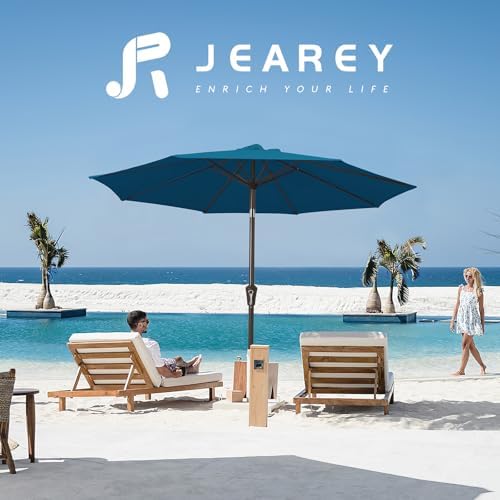 JEAREY 9FT Outdoor Patio Umbrella Outdoor Table Umbrella with Push Button Tilt and Crank, Market Umbrella 8 Sturdy Ribs UV Protection Waterproof for Garden, Deck, Backyard, Pool (Lake Blue)