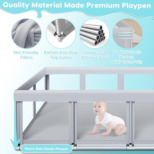 74" ×50" Large Baby Playpen, Baby Playard for Babies and Toddlers, Baby Fence Play Pens for Indoor & Outdoor, Sturdy Safety Play Yard with Soft Breathable Mesh, Anti-Fall, Grey