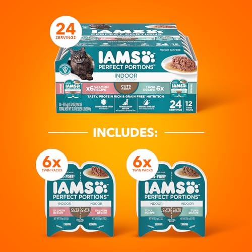 IAMS Perfect Portions Indoor Adult Wet Cat Food Cuts in Gravy Variety Pack, Salmon and Tuna Recipes, 2.6 oz. Easy Peel Twin-Pack Trays (12 Count, 24 Servings)