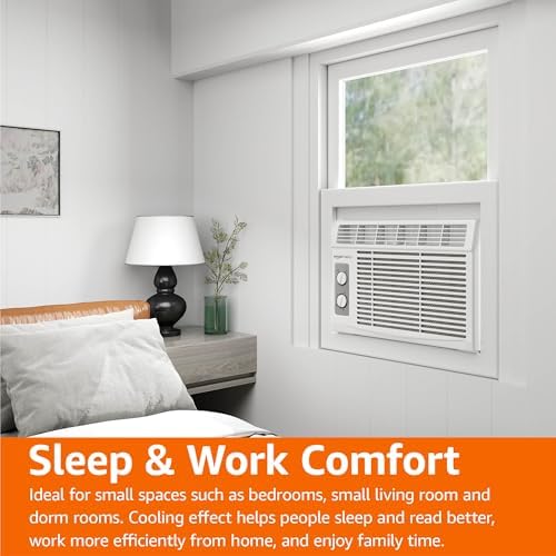 Amazon Basics 5000-BTU Small Window Air Conditioner, Up to 150 Sqf, Window AC Units with Cool and Fan Functions, Washable Filter, Adjustable Window Kit, Intuitive Mechanical Controls, White