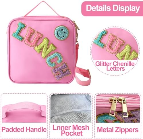 Insulated Lunch Bag With Adjustable Shoulder Strap, Nylon Preppy Lunch Box Large Insulated Lunch Bag Reusable Lunch Tote Bag with Smiley Preppy LunchBag for Girls School Travel Picnic (Pink)
