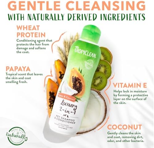 TropiClean 2-in-1 Dog Shampoo and Conditioner, Moisturizing Dog Detangler, Puppy Safe, Made in the USA, Papaya Scent, Cat & Kitten Safe, 20oz.